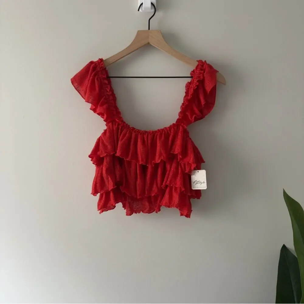 FREE PEOPLE Free-Est Ribbed Ruffle Cropped Top in Fiesta Red Tank Tiered Crop M